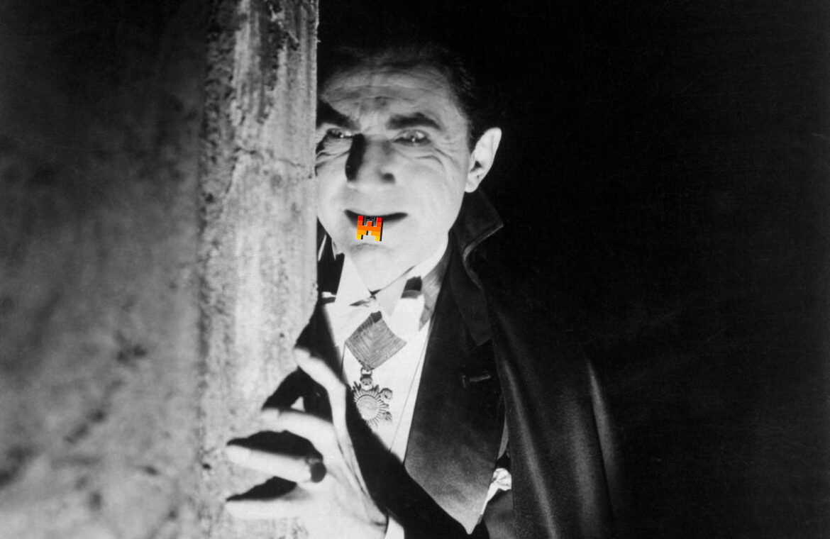 Bela Lugosi incarnant Dracula au cinéma, mais affublé de dents réalisées en renversant le logo de l'IA-gen "Le Chat" de Mistral.